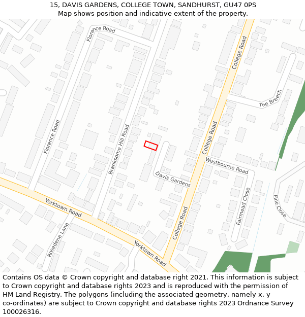 15, DAVIS GARDENS, COLLEGE TOWN, SANDHURST, GU47 0PS: Location map and indicative extent of plot