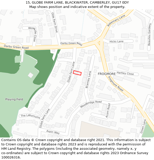 15, GLOBE FARM LANE, BLACKWATER, CAMBERLEY, GU17 0DY: Location map and indicative extent of plot