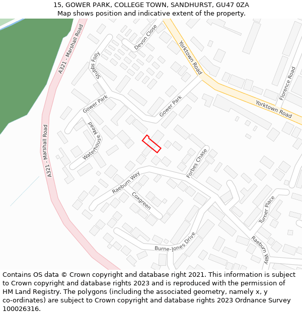 15, GOWER PARK, COLLEGE TOWN, SANDHURST, GU47 0ZA: Location map and indicative extent of plot