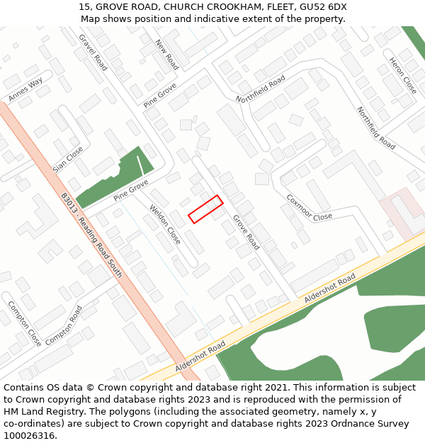 15, GROVE ROAD, CHURCH CROOKHAM, FLEET, GU52 6DX: Location map and indicative extent of plot