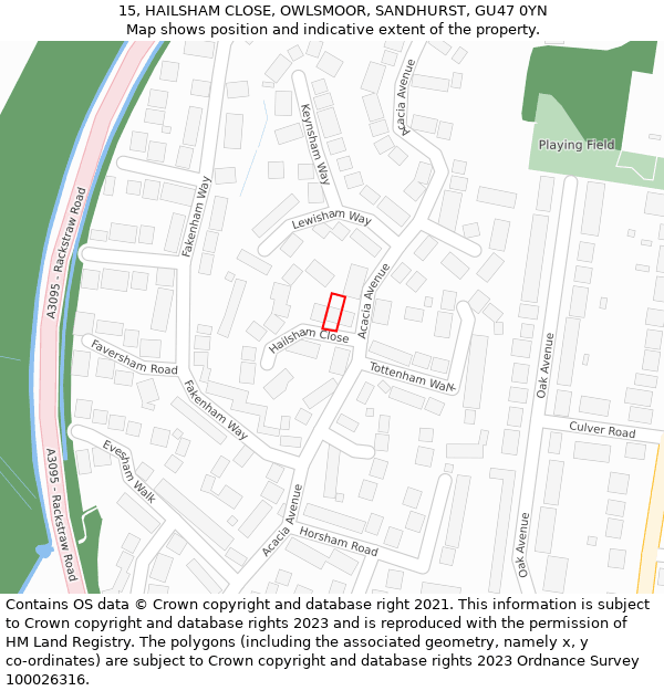 15, HAILSHAM CLOSE, OWLSMOOR, SANDHURST, GU47 0YN: Location map and indicative extent of plot