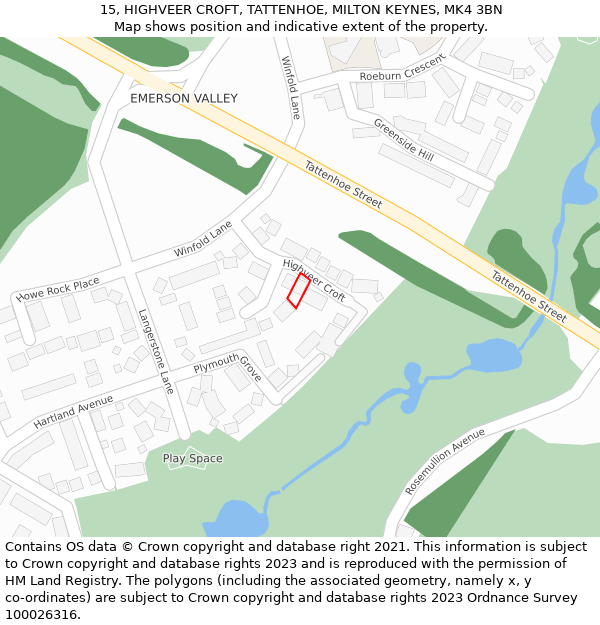 15, HIGHVEER CROFT, TATTENHOE, MILTON KEYNES, MK4 3BN: Location map and indicative extent of plot