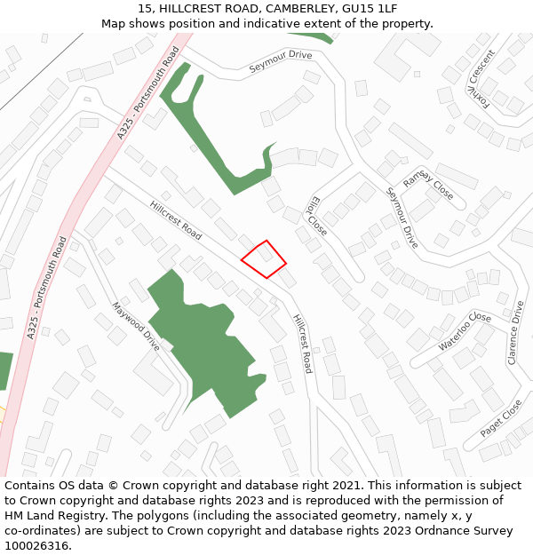 15, HILLCREST ROAD, CAMBERLEY, GU15 1LF: Location map and indicative extent of plot