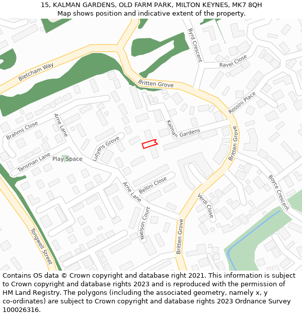 15, KALMAN GARDENS, OLD FARM PARK, MILTON KEYNES, MK7 8QH: Location map and indicative extent of plot