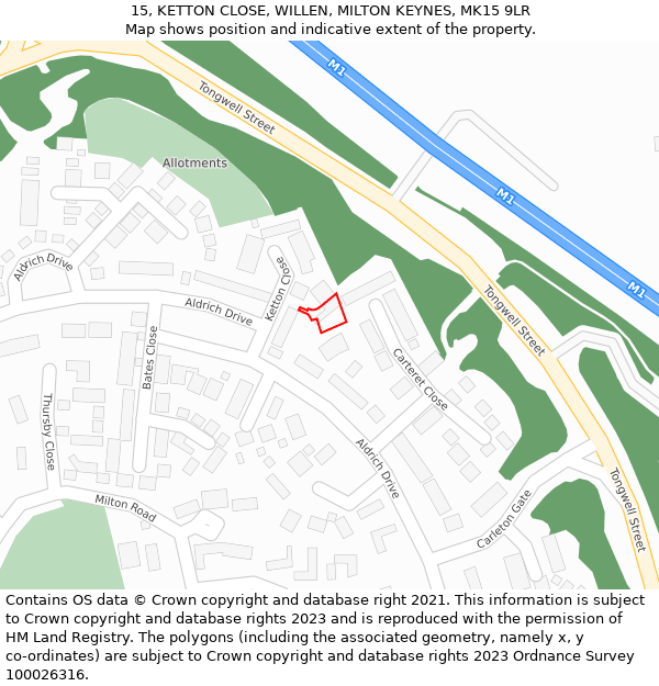 15, KETTON CLOSE, WILLEN, MILTON KEYNES, MK15 9LR: Location map and indicative extent of plot