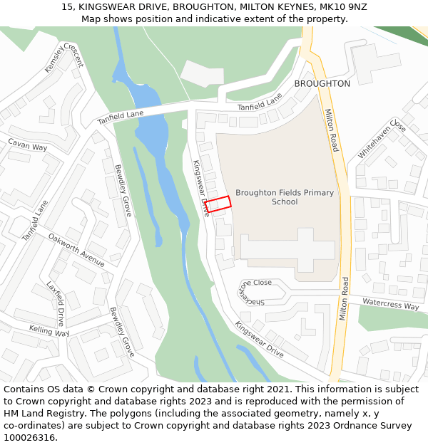 15, KINGSWEAR DRIVE, BROUGHTON, MILTON KEYNES, MK10 9NZ: Location map and indicative extent of plot