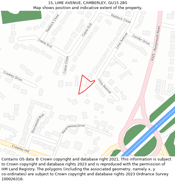 15, LIME AVENUE, CAMBERLEY, GU15 2BS: Location map and indicative extent of plot