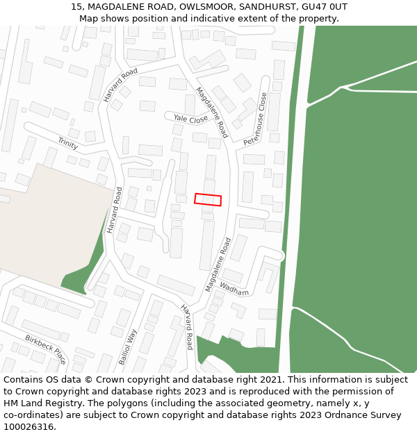 15, MAGDALENE ROAD, OWLSMOOR, SANDHURST, GU47 0UT: Location map and indicative extent of plot