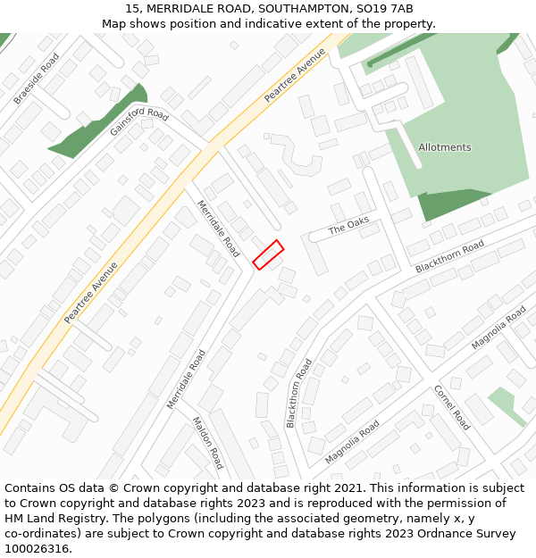 15, MERRIDALE ROAD, SOUTHAMPTON, SO19 7AB: Location map and indicative extent of plot