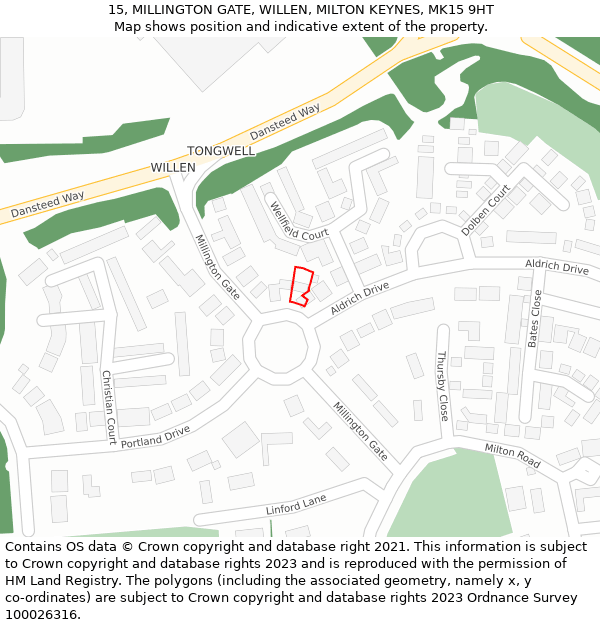 15, MILLINGTON GATE, WILLEN, MILTON KEYNES, MK15 9HT: Location map and indicative extent of plot