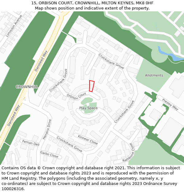 15, ORBISON COURT, CROWNHILL, MILTON KEYNES, MK8 0HF: Location map and indicative extent of plot