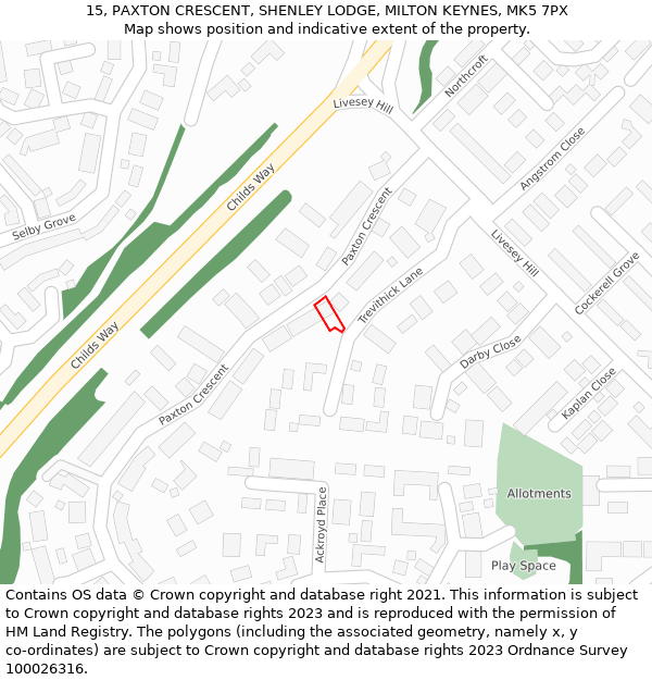 15, PAXTON CRESCENT, SHENLEY LODGE, MILTON KEYNES, MK5 7PX: Location map and indicative extent of plot