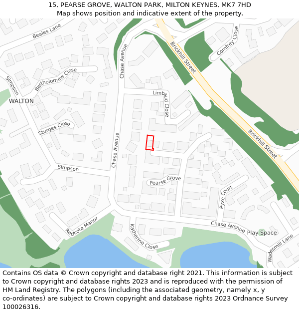 15, PEARSE GROVE, WALTON PARK, MILTON KEYNES, MK7 7HD: Location map and indicative extent of plot