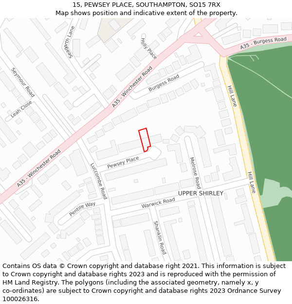 15, PEWSEY PLACE, SOUTHAMPTON, SO15 7RX: Location map and indicative extent of plot