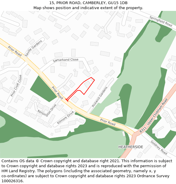 15, PRIOR ROAD, CAMBERLEY, GU15 1DB: Location map and indicative extent of plot