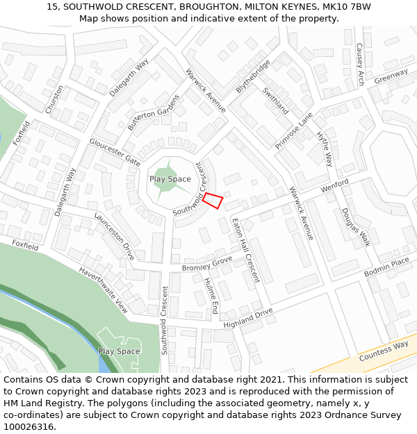 15, SOUTHWOLD CRESCENT, BROUGHTON, MILTON KEYNES, MK10 7BW: Location map and indicative extent of plot