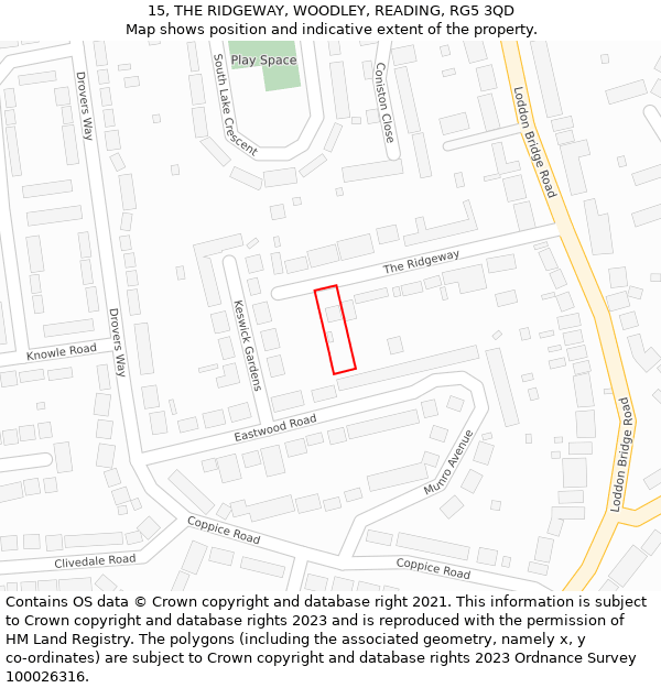 15, THE RIDGEWAY, WOODLEY, READING, RG5 3QD: Location map and indicative extent of plot