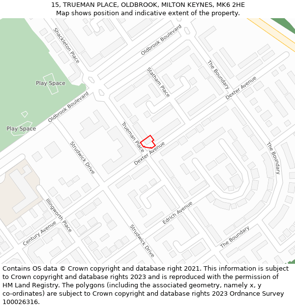15, TRUEMAN PLACE, OLDBROOK, MILTON KEYNES, MK6 2HE: Location map and indicative extent of plot