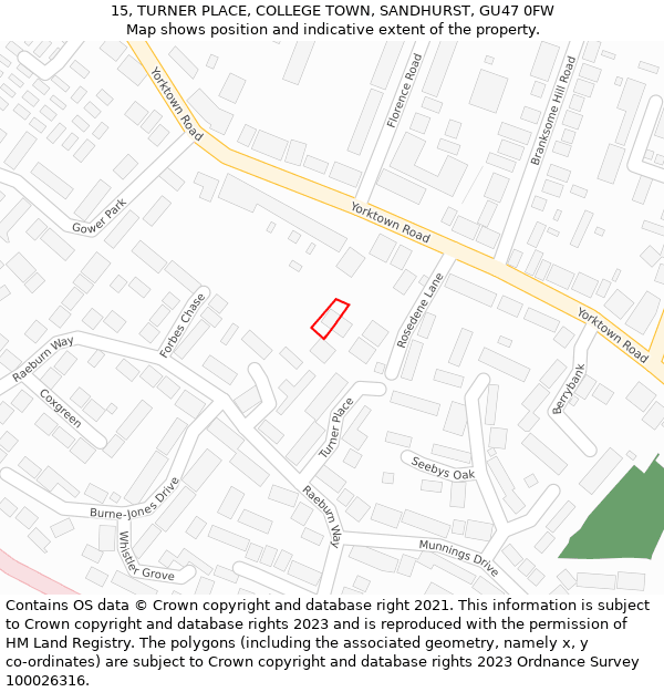 15, TURNER PLACE, COLLEGE TOWN, SANDHURST, GU47 0FW: Location map and indicative extent of plot