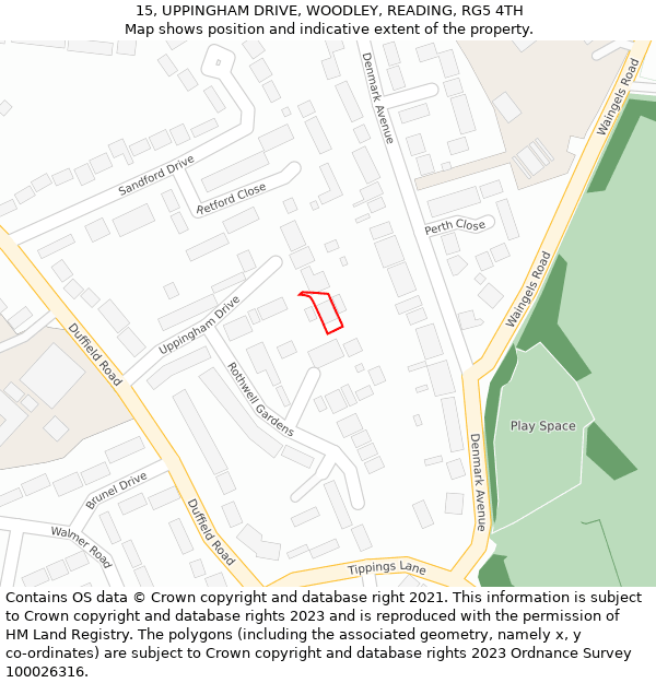 15, UPPINGHAM DRIVE, WOODLEY, READING, RG5 4TH: Location map and indicative extent of plot