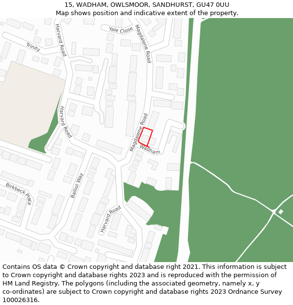 15, WADHAM, OWLSMOOR, SANDHURST, GU47 0UU: Location map and indicative extent of plot