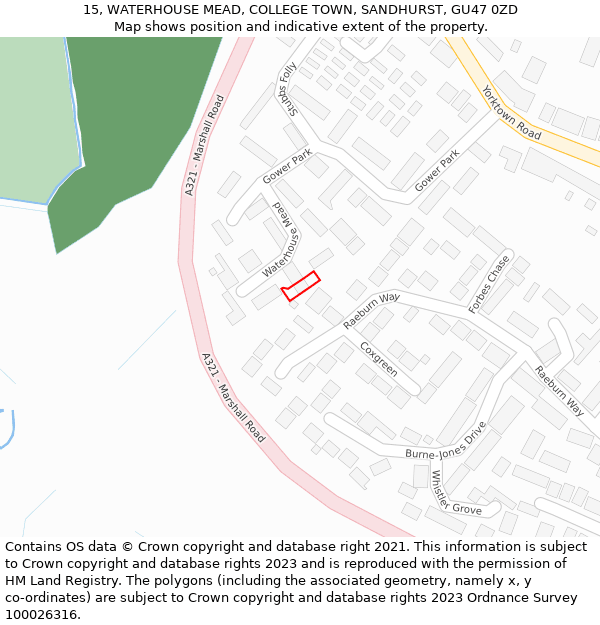 15, WATERHOUSE MEAD, COLLEGE TOWN, SANDHURST, GU47 0ZD: Location map and indicative extent of plot