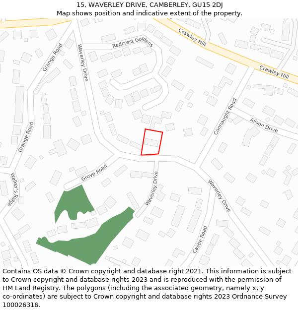 15, WAVERLEY DRIVE, CAMBERLEY, GU15 2DJ: Location map and indicative extent of plot