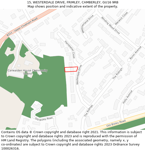 15, WESTERDALE DRIVE, FRIMLEY, CAMBERLEY, GU16 9RB: Location map and indicative extent of plot