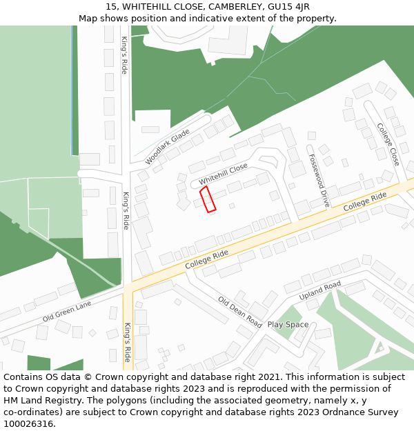 15, WHITEHILL CLOSE, CAMBERLEY, GU15 4JR: Location map and indicative extent of plot