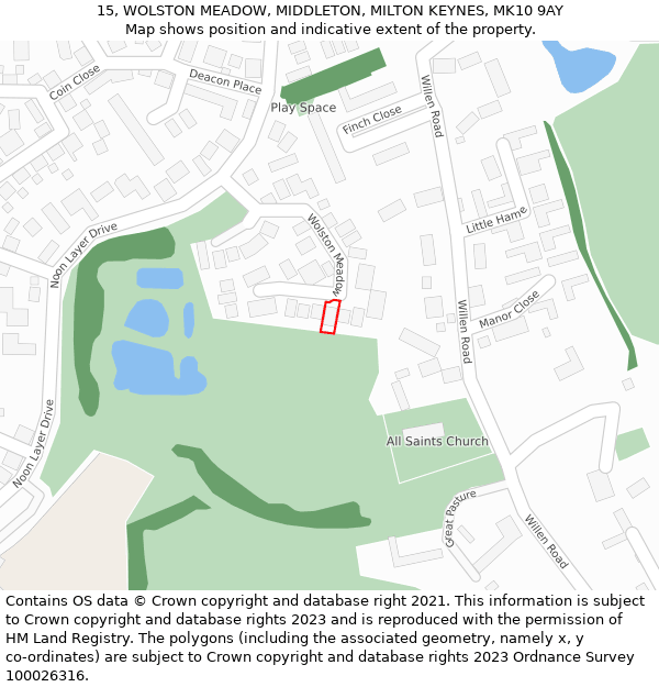 15, WOLSTON MEADOW, MIDDLETON, MILTON KEYNES, MK10 9AY: Location map and indicative extent of plot