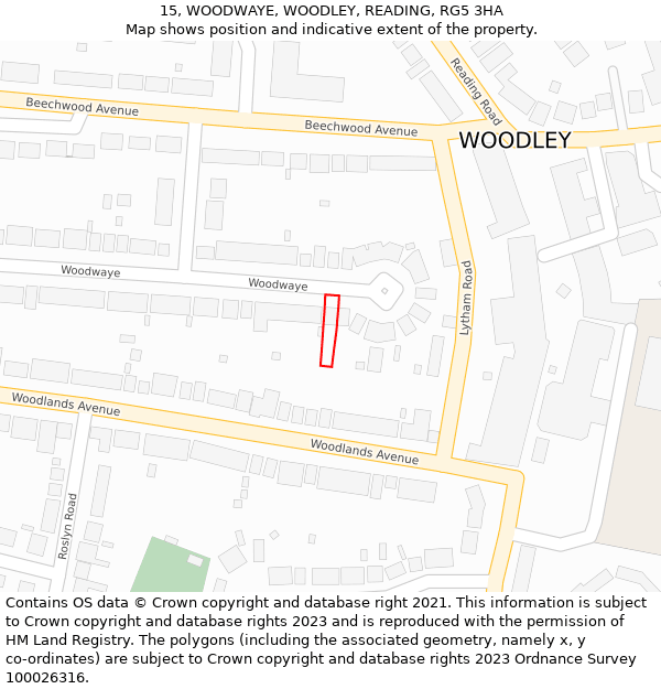 15, WOODWAYE, WOODLEY, READING, RG5 3HA: Location map and indicative extent of plot