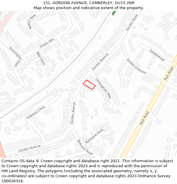 151, GORDON AVENUE, CAMBERLEY, GU15 2NR: Location map and indicative extent of plot