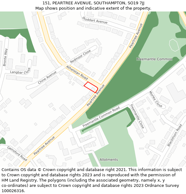 151, PEARTREE AVENUE, SOUTHAMPTON, SO19 7JJ: Location map and indicative extent of plot