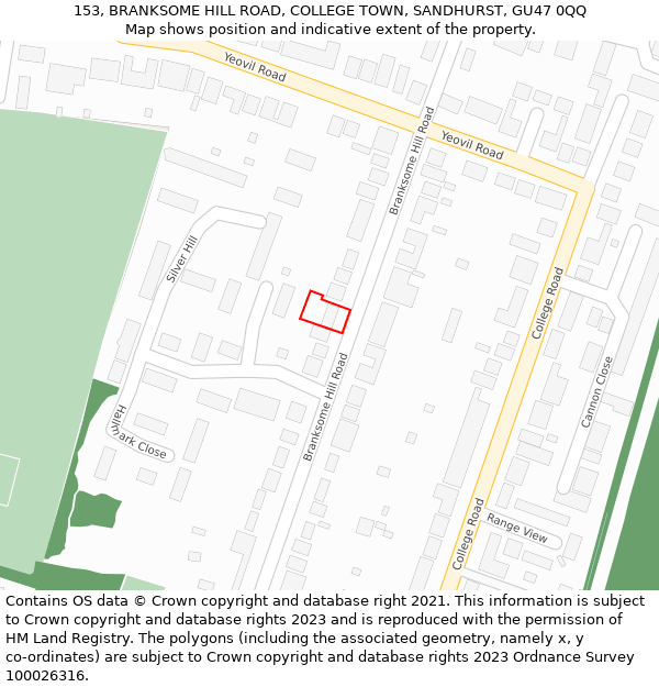 153, BRANKSOME HILL ROAD, COLLEGE TOWN, SANDHURST, GU47 0QQ: Location map and indicative extent of plot