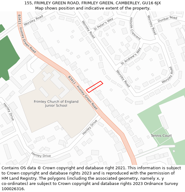 155, FRIMLEY GREEN ROAD, FRIMLEY GREEN, CAMBERLEY, GU16 6JX: Location map and indicative extent of plot