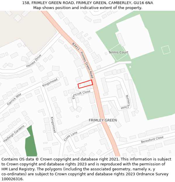 158, FRIMLEY GREEN ROAD, FRIMLEY GREEN, CAMBERLEY, GU16 6NA: Location map and indicative extent of plot
