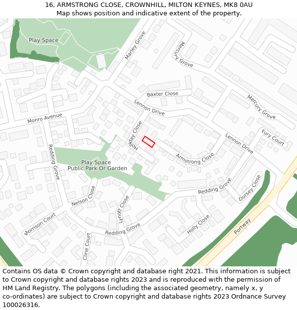 16, ARMSTRONG CLOSE, CROWNHILL, MILTON KEYNES, MK8 0AU: Location map and indicative extent of plot