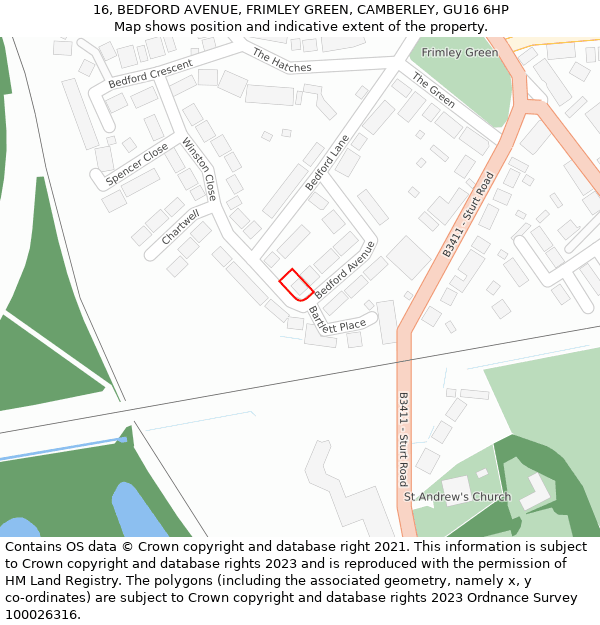 16, BEDFORD AVENUE, FRIMLEY GREEN, CAMBERLEY, GU16 6HP: Location map and indicative extent of plot