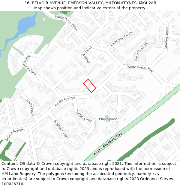 16, BELVOIR AVENUE, EMERSON VALLEY, MILTON KEYNES, MK4 2AB: Location map and indicative extent of plot