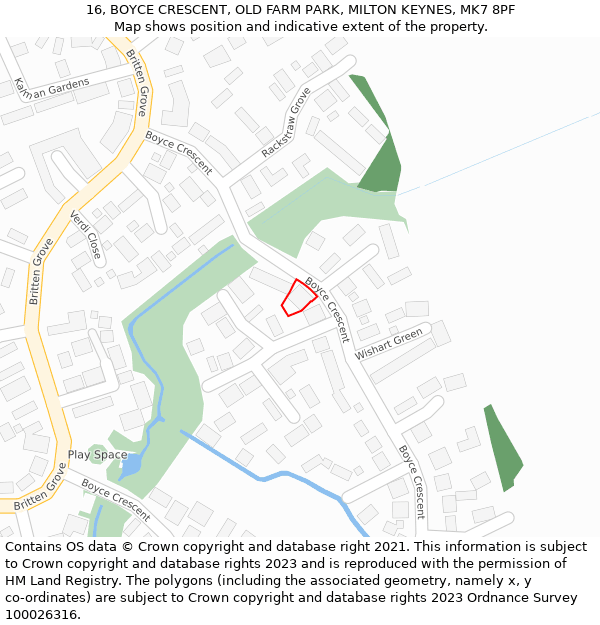 16, BOYCE CRESCENT, OLD FARM PARK, MILTON KEYNES, MK7 8PF: Location map and indicative extent of plot