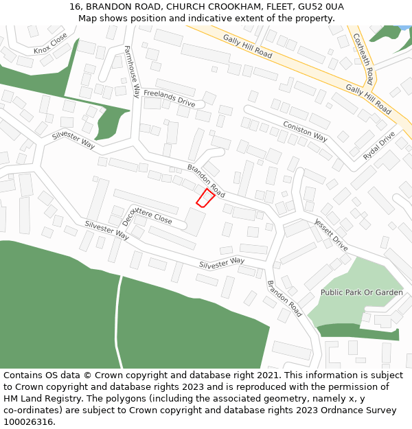 16, BRANDON ROAD, CHURCH CROOKHAM, FLEET, GU52 0UA: Location map and indicative extent of plot