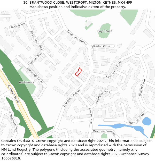 16, BRANTWOOD CLOSE, WESTCROFT, MILTON KEYNES, MK4 4FP: Location map and indicative extent of plot