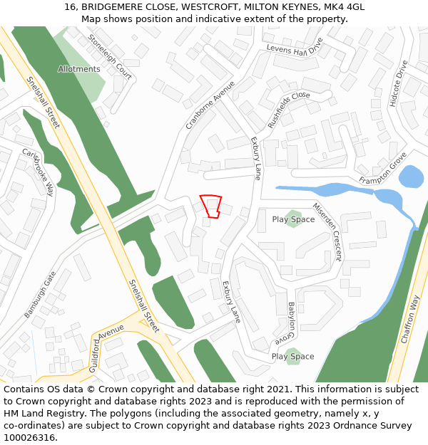 16, BRIDGEMERE CLOSE, WESTCROFT, MILTON KEYNES, MK4 4GL: Location map and indicative extent of plot