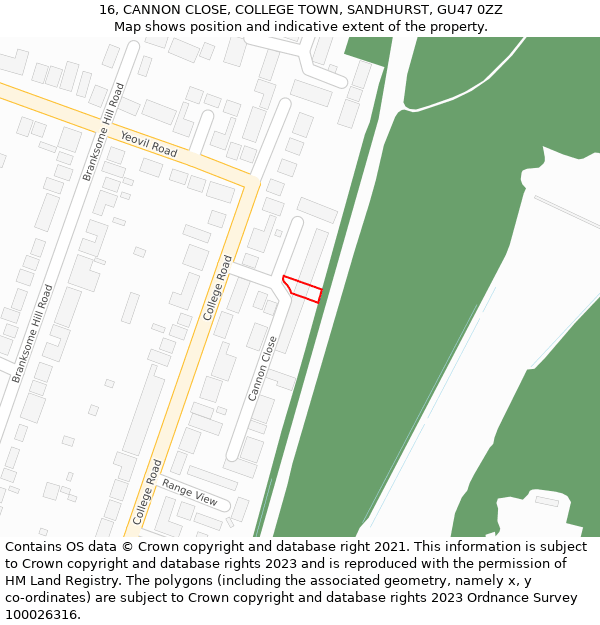 16, CANNON CLOSE, COLLEGE TOWN, SANDHURST, GU47 0ZZ: Location map and indicative extent of plot