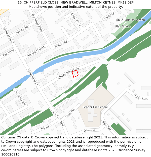 16, CHIPPERFIELD CLOSE, NEW BRADWELL, MILTON KEYNES, MK13 0EP: Location map and indicative extent of plot