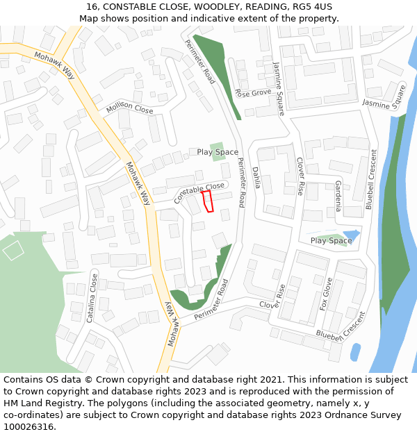 16, CONSTABLE CLOSE, WOODLEY, READING, RG5 4US: Location map and indicative extent of plot