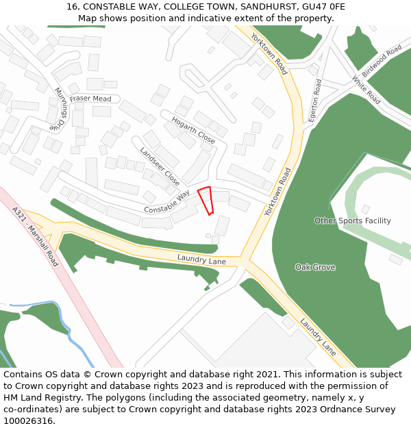 16, CONSTABLE WAY, COLLEGE TOWN, SANDHURST, GU47 0FE: Location map and indicative extent of plot