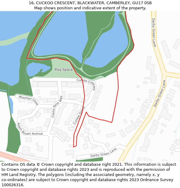 16, CUCKOO CRESCENT, BLACKWATER, CAMBERLEY, GU17 0SB: Location map and indicative extent of plot