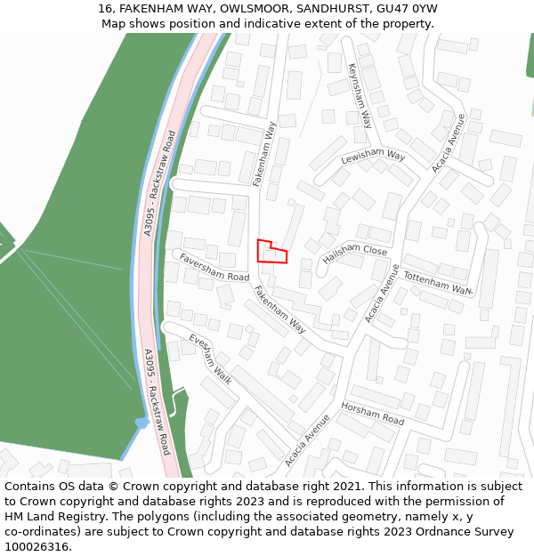16, FAKENHAM WAY, OWLSMOOR, SANDHURST, GU47 0YW: Location map and indicative extent of plot