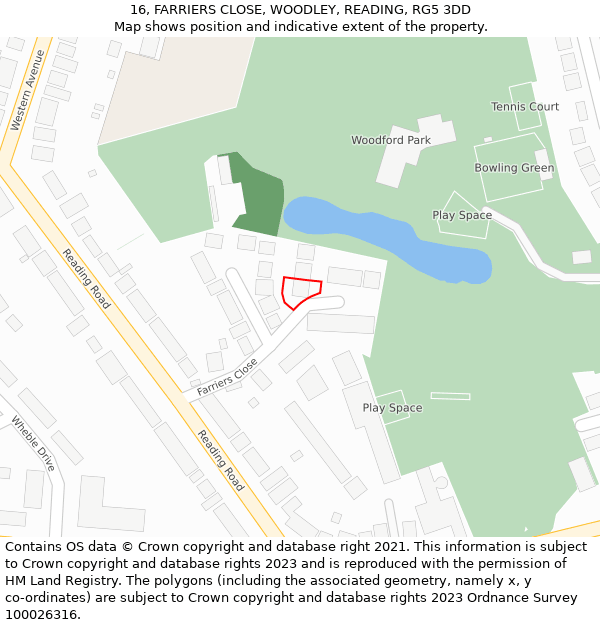 16, FARRIERS CLOSE, WOODLEY, READING, RG5 3DD: Location map and indicative extent of plot